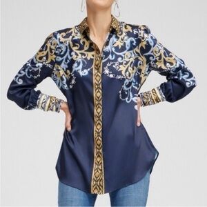 Chicos Ruched Cuff  Print Tunic Navy and Gold Women's size 2.5=L/14